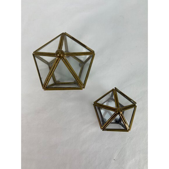 Set of 2 VTG Geometric Glass and Brass Jewelry Boxes 3.5 and 2.5" for Home Decor - Picture 2 of 5